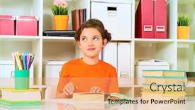  Presentation with education cute - Audience pleasing presentation theme consisting of cute smart girl sitting at the desk with school books and making her lessons education backdrop and a coral colored foreground