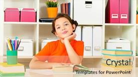  Presentation with education cute - Slide set with cute smart girl sitting at the desk with school books and making her lessons education background and a coral colored foreground