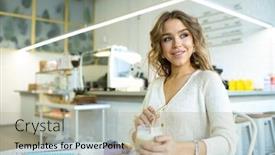  Presentation with cute - Slide deck having cute-smiling-female-in-casualawear background and a mint green colored foreground