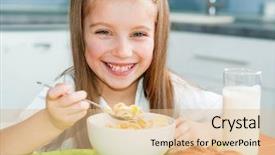  Presentation with smiling little girl - PPT theme having cute smiling girl eating cereal milk kitchen background and a lemonade colored foreground