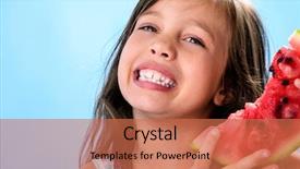  Presentation with healthy living - Slide set consisting of cute smiling young girl with fresh juicy watermelon summer fruit healthy living and diet concept on blue background background and a coral colored foreground