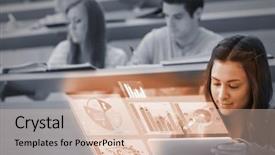  Presentation with digital university - Cool new slide set with cute student in university working on her digital tablet analyzing graphs backdrop and a lemonade colored foreground