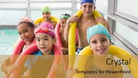  Presentation with world class manufacturing - Cool new PPT layouts with cute swimming class smiling poolside backdrop and a gold colored foreground