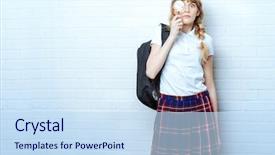  Presentation with education cute - Colorful slides enhanced with cute teen girl in school uniform looking through a magnifying glass education studio shot backdrop and a sky blue colored foreground