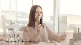  Presentation with teen - Theme having cute teen girl using smart phone and enjoying sweet dessert while spending time in bright cafe background and a coral colored foreground