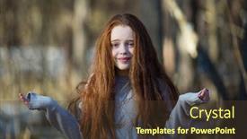  Presentation with fiery - Presentation theme having cute teengirl with fiery red hair in the pine park the girl was surprised threw up his hands background and a tawny brown colored foreground