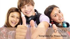  Presentation with teens - Amazing PPT theme having cute teens with headphones showing thumbs up and smiling at camera backdrop and a coral colored foreground