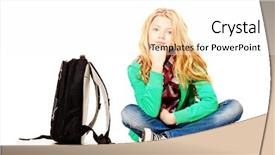  Presentation with next - Beautiful PPT theme featuring cute ten years girl sitting on the floor next to her school backpack isolated over white backdrop and a white colored foreground