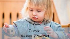  Presentation with nursery - Presentation design featuring cute two-year old baby girl at home in the nursery playing with constructor background and a light blue colored foreground