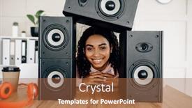  Presentation with speakers - Cool new presentation theme with cute-woman-between-three-audio backdrop and a red colored foreground