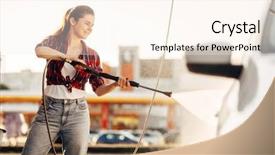  Presentation with wheel - PPT layouts having cute woman cleans car wheels background and a cream colored foreground