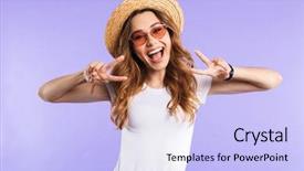  Presentation with purple wall - Colorful theme enhanced with cute woman isolated over purple backdrop and a sky blue colored foreground