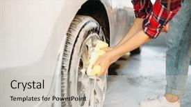  Presentation with vehicle recovery - Beautiful PPT layouts featuring cute woman scrubbing vehicle wheel backdrop and a light gray colored foreground
