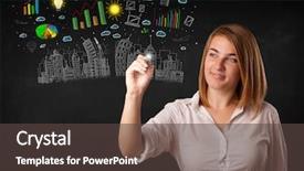  Presentation with sketching - Presentation design featuring cute woman sketching city and graph icons and symbols background and a dark gray colored foreground