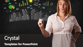  Presentation with sketching - Audience pleasing presentation design consisting of cute woman sketching city and graph icons and symbols backdrop and a dark gray colored foreground