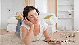  Presentation with carpet - Presentation theme featuring cute woman with a magazin enjoying some music lying on a carpet background and a coral colored foreground