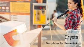  Presentation with car service - Cool new presentation theme with cute woman with car washer backdrop and a  colored foreground