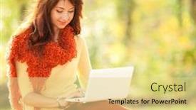  Presentation with fall foliage - Cool new PPT layouts with cute woman with laptop in the autumn park beauty nature scene with colorful foliage background yellow trees and leaves at fall season autumn outdoor lifestyle happy smiling woman on fall leaves backdrop and a blonde colored foreground
