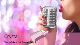  Presentation with music microphone radio mic retro - Presentation theme having cute woman with retro microphone background and a coral colored foreground