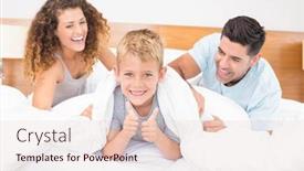  Presentation with bed - Presentation theme with cute young family messing about on bed with little boy showing thumbs up at home in bedroom background and a lemonade colored foreground