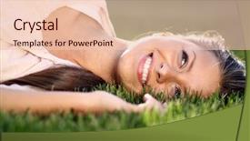  Presentation with worried young female college student - Colorful PPT layouts enhanced with cute young female lying on grass field at the park backdrop and a lemonade colored foreground