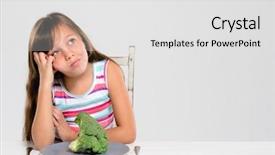  Presentation with cute vegetables - Colorful PPT theme enhanced with cute young girl is bored with her food looking up and uninterested in vegetables and healthy produce backdrop and a light gray colored foreground