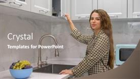  Presentation with kitchen cabinet - PPT layouts consisting of cute-young-long-haired-housewife background and a gray colored foreground