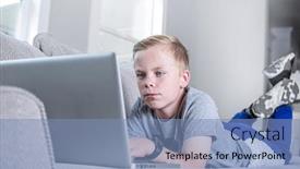  Presentation with virtual work - Audience pleasing presentation design consisting of cute-young-student-doing-online backdrop and a teal colored foreground