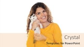  Presentation with cat - Cool new PPT theme with cute-young-woman-holding backdrop and a yellow colored foreground