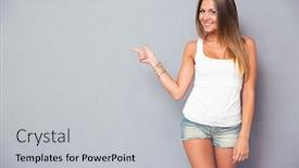  Presentation with finger - Beautiful slides featuring cute young woman pointing finger away over gray background looking at camera backdrop and a light gray colored foreground