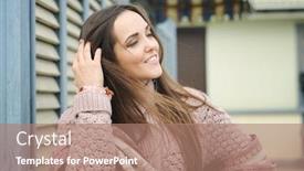  Presentation with gentle - Colorful presentation design enhanced with cute young woman portrait dressed in gentle sweater and handmade pink boho style earrings autumn outdoor fashion backdrop and a coral colored foreground