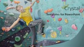  Presentation with rock climbing - Colorful presentation enhanced with cute youngster in yellow t-shirt and grey pants looking at you while holding by small rock on climbing wall during exercise backdrop and a light blue colored foreground