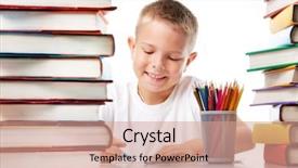  Presentation with literature - Colorful presentation enhanced with cute youngster sitting among stack backdrop and a  colored foreground