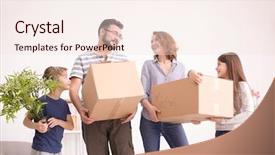  Presentation with family children - Colorful PPT theme enhanced with cutemoving background - couple with children carrying boxes backdrop and a lemonade colored foreground