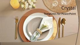  Presentation with table setting - Colorful presentation design enhanced with cutlery - beautiful table setting with golden backdrop and a coral colored foreground