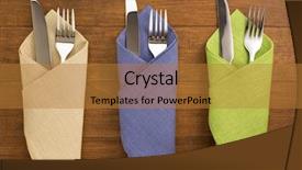  Presentation with cutlery - Audience pleasing presentation design consisting of cutlery - knife and fork at napkin backdrop and a gold colored foreground