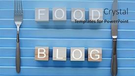  Presentation with cutlery food - PPT theme with cutlery and wooden cubes with words food blog background and a light blue colored foreground
