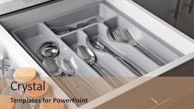  Presentation with cutlery - Colorful PPT theme enhanced with cutlery in kitchen drawer backdrop and a coral colored foreground