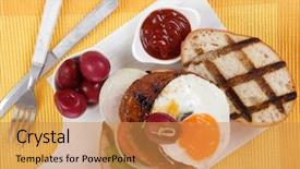  Presentation with meat food - Audience pleasing presentation theme consisting of cutlery ketchup sauce and pickels backdrop and a gold colored foreground