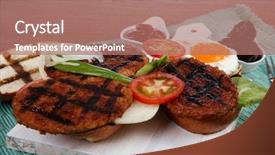  Presentation with meat food - PPT theme featuring cutlery ketchup sauce and pickels background and a coral colored foreground