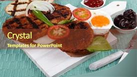  Presentation with meat beef - PPT theme having cutlery ketchup sauce and pickels background and a  colored foreground