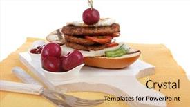  Presentation with meat food - Slide set having cutlery ketchup sauce and pickels background and a coral colored foreground