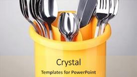  Presentation with knives - Presentation featuring cutlery knives forks and spoon background and a yellow colored foreground