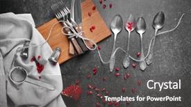  Presentation with cutlery - Presentation design with cutlery set and garnet on gray table background and a dark gray colored foreground