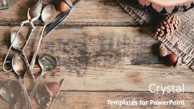  Presentation with cutlery - Presentation consisting of cutlery set on wooden table background and a coral colored foreground