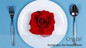  Presentation with dinner blue - PPT layouts with cutlery-set-plate-rose-flower background and a light blue colored foreground