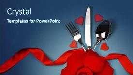  Presentation with dinner blue - Audience pleasing theme consisting of cutlery-set-tied-with-silk backdrop and a ocean colored foreground