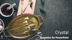  Presentation with copper - Beautiful slide deck featuring cutlery-set-with-copper-tray backdrop and a dark gray colored foreground