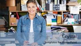  Presentation with worker - Slide set having cutter at table in factory background and a teal colored foreground