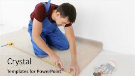  Presentation with worker - Cool new PPT theme with cutter while installing new carpet backdrop and a soft green colored foreground